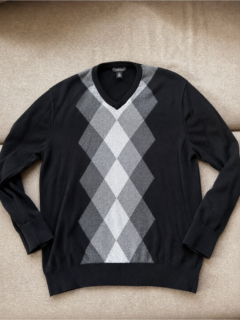 Van Heusen Black Gray Argyle V-Neck Cotton Sweater Women Size S 100% Cotton